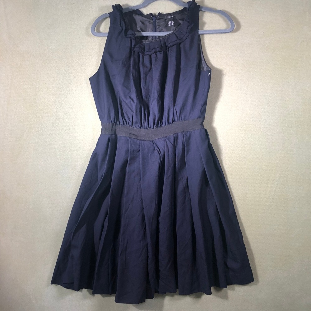 J.Crew Dress Women 2 Navy Blue Ruffle Neck Wool Pleated Sleeveless Fit & Flare